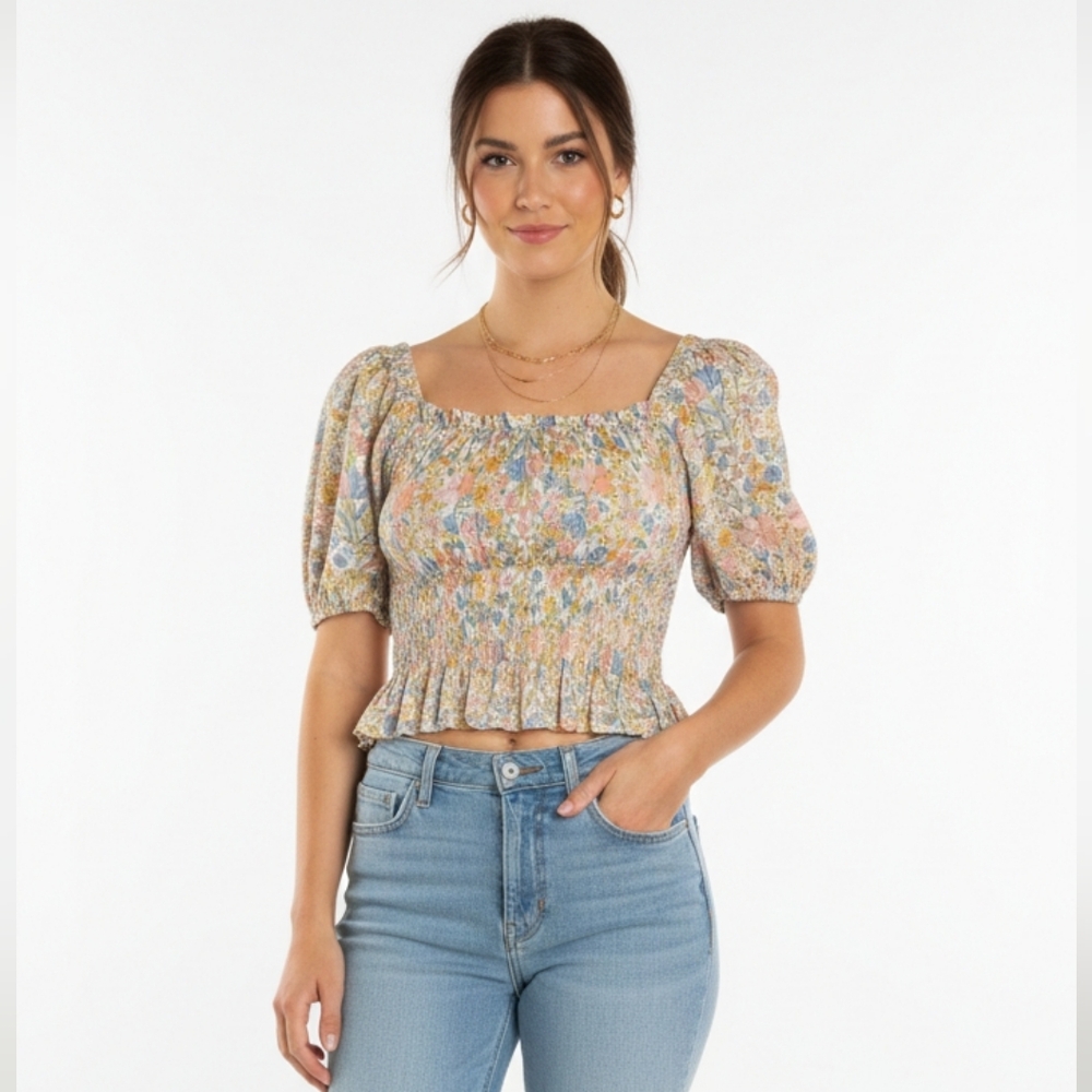 Cupcakes and Cashmere Floral Smocked Crop Top - Pastel Boho Puff Sleeve